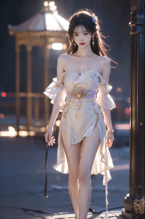 guqinghan, jrys,
high heels,bare shoulders, see-through, jewelry,strapless, collarbone, bracelet, off shoulder,earrings, bow,cleavage, tube dress, strapless dress (masterpiece, best quality, 8k uhd, highres:1.4), (professional fashion model:1.3), ((full bo...