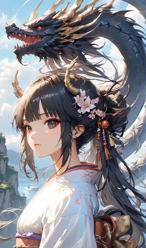 masterpiece, high quality, high resolution, 16K, highly detailed background, digital painting, unreal engine, Makoto Shinkai illustration, hyperrealistic, fantasy, petite girl in kimono, dragon horns, some skin with dragon scales, long eyelashes, beautiful...