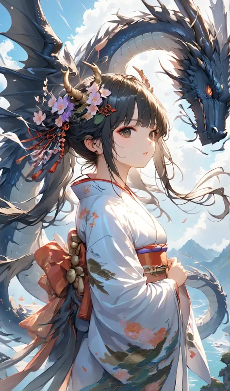 masterpiece, high quality, high resolution, 16K, highly detailed background, digital painting, unreal engine, Makoto Shinkai illustration, hyperrealistic, fantasy, petite girl in kimono, dragon horns, some skin with dragon scales, long eyelashes, beautiful...