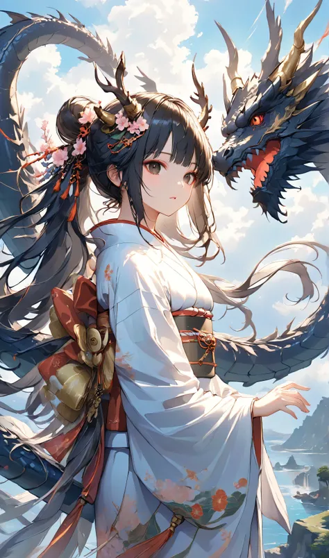 masterpiece, high quality, high resolution, 16K, highly detailed background, digital painting, unreal engine, Makoto Shinkai illustration, hyperrealistic, fantasy, petite girl in kimono, dragon horns, some skin with dragon scales, long eyelashes, beautiful...