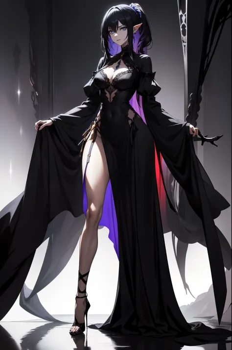 A The character presented is a female figure with a striking appearance . Here are some notable features :
1. **hair**: she has long, loose hair , with a brown tone. Some locks appear to have a slight sheen .
2. **eyes**: The eyes are an intense blue...