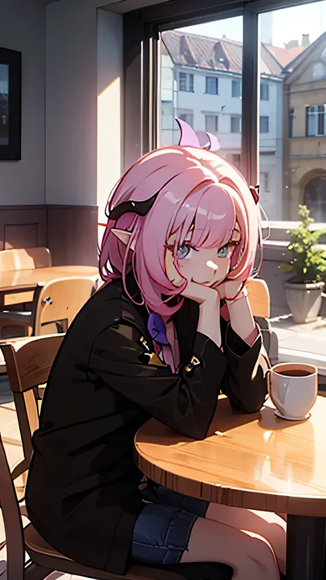 Honkai Impact 3rd,Elysia,watching you,smile,in the coffee shop,hold a cup of coffee,sitting behind a table,a strawberry cake is on the table,Hands on head