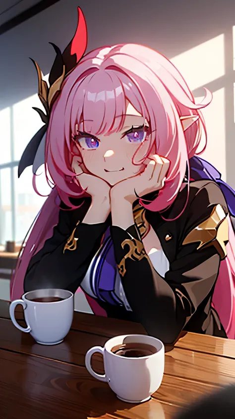 Honkai Impact 3rd,Elysia,watching you,smile,in the coffee shop,hold a cup of coffee,sitting behind a table,a strawberry cake is on the table,Hands on head,afternoon