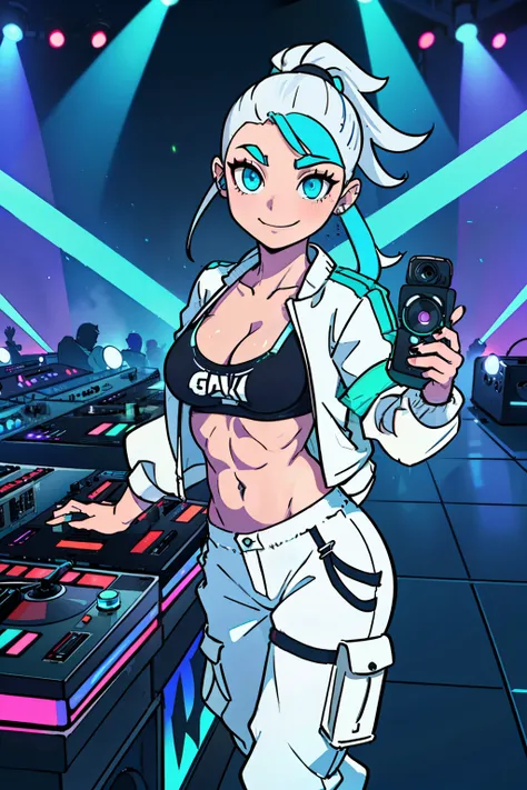 (tomboy woman DJing on turntables on stage at EDM festival:1.3), EDM event lighting effects, on stage in front of crowd, giant futuristic screens in background, neon room, (white cropped jacket:1.1), (vivid glowing blue eyes:1.2), (white hair:1.2), (cyan s...