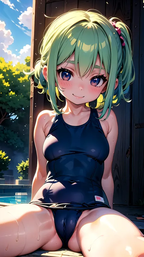 master piece, detailed, (best quality), ((loli)), ((cute)), ((petite)), (big breasts), orgasm, light green hair, arms behind back, sitting, smile, (darkblue one-piece swimsuit), 1girl, wet, breasts focus, upper body, poolside