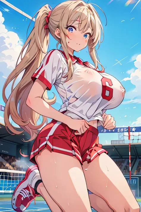 best quality,1girl,((big breasts:1.5)),((orgasm,blush,sweat,steam)),tongue out,ahegao, nanoha takamachi, takamachi nanoha, long hair, ((straight hair:1.5)), blue eyes, ((volleyball uniform, track shoes:1.3)),((volley ball field)),from behind,leaning forwar...