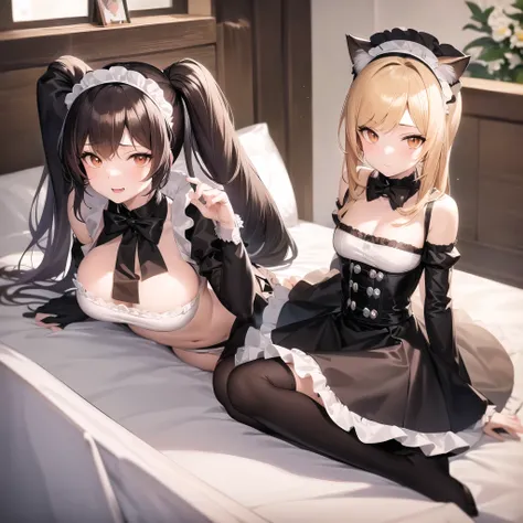 anime - style image of woman in a maid outfit posing on a bed, anime cat girl in a maid costume, fine details, girls frontline, anime girl in a maid costume, cosplay of a catboy! maid! dress, wlop and saki michan, from arknights, captured on canon eos r 6,...