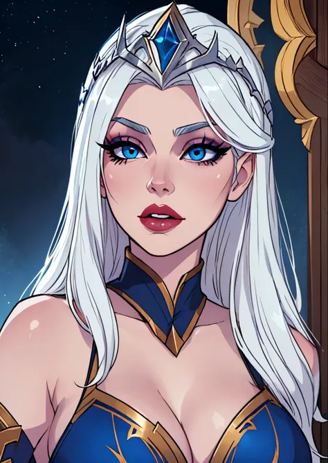 masterpiece, best quality, 1female, beautiful, face portrait, deep makeup, 1girl, face focus, long hair, white hair, lipstick, ashe (league of legends), makeup, pale skin, straight hair, blue eyes, tiara