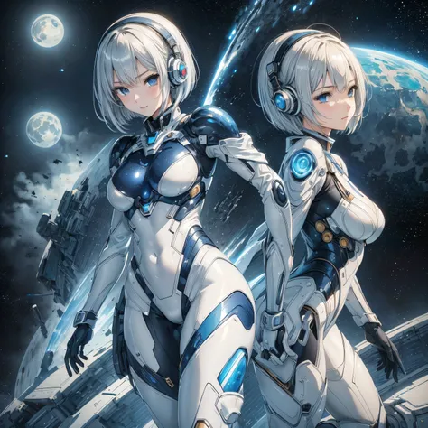 (masterpiece、 top quality、 highest resolution、 clear _image、 Detailed Details): (Whole body、A 20 year old girl、Japanese Faces、 small face、 slender、 dark blue super short bob cut hair、(Hidden small breasts:1.3)、 Sparkling Blue Eyes 、Shiny pilot suit in whit...