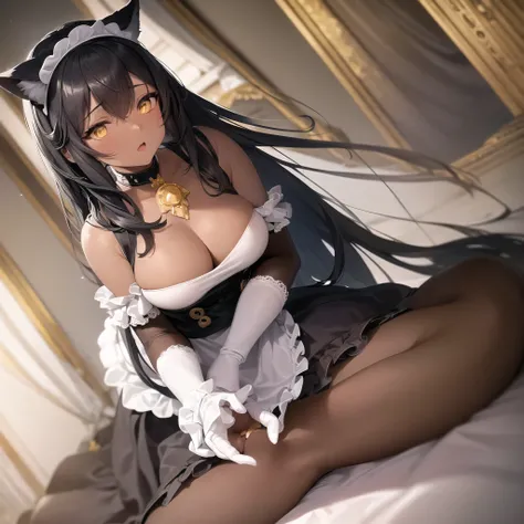 Anime-style depiction of a chocolate dark-skinned female with cat ears, dressed in a classic black and white maid outfit with delicate lace details. She has amber-colored eyes and neatly styled black hair with a small white headband. The scene is set insid...