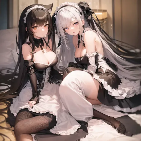 anime - style image of a woman in a maid outfit posing on a bed, anime cat girl in a maid costume, fine details. girls frontline, from girls frontline, anime girl in a maid costume, cosplay of a catboy! maid! dress, wlop and sakimichan, from arknights, cap...