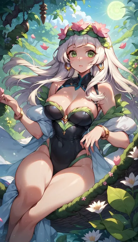 Lotus goddess, 1girl, flower princess, fellatrix style, Lillie cute girl, solo, white hair, flower in hair, wavy long hair, hair bangs, pale soft skin, big beautiful green eyes, flowers in hair, white cape with hoodie, pink details, black top, bare shoulde...