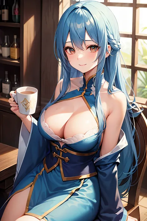  pretty girl、Blue Hair、 long hair、delicate、 slender 、Beautiful breasts、 amateur wizard 、 beginner wizard 、The user of healing magic 、Clothes with shoulders sticking out 、Clothes with hidden breasts 、 in a medieval-style bar 、 Medieval Fantasy、 sitting on a...