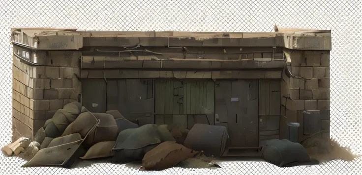 there are many bags of stuff sitting on the ground next to a brick wall, post apocalyptic background, game asset, realistic establishing shot, video game asset, digital detailed environment, seperated game asset, dusty environment, organic matte painting, ...