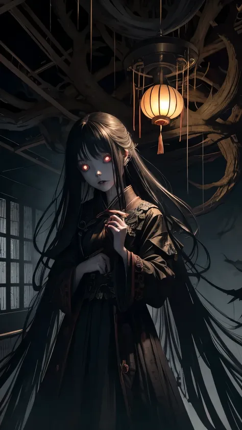 1 girl , demon face, scary costume , Chinese Ghost Festival，nakahara universe，Ghostly Breath，Chiaroscuro in the city at night，Detailed texture of spooky tree branches，A transparent ghost floats in the smoke，Lanterns hanging from a tree，There are flowers bl...