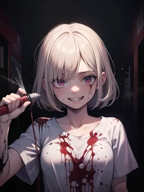 (masterpiece,  high quality ,  top quality ,  official art ,  Beautiful and aesthetic :1.2),, (a psychopath:1.4) , killing a psychopath , yandere,( Psychological Smile:1.2) , ( Bloody spray :1.2), hospital, a knife,  crazy eyes,crazy smile,  dark atmospher...