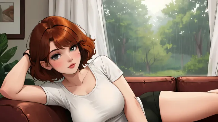 A Young girl short auburn hair with big breasts wearing a lush brown casual top and black legging fit, she laying on the couch inside the camping aesthetic view, rain day weather. the angle wide camera
