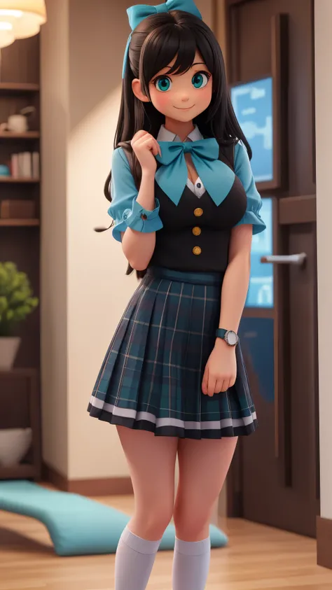 black shoes,Adorable neat girl , beautiful flowing hair , beautiful detailed eyes, perfect body, perfect face, mesmerizing cleavage , big boobs ,Beautiful breasts, light blue squishy blouse in uniform , red bow ties, plaid green flared mini skirt, seductiv...