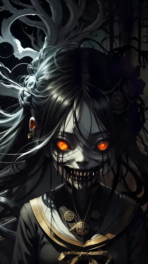 1 girl , demon face, scary costume , Chinese Ghost Festival，nakahara universe，Ghostly Breath，Chiaroscuro in the city at night，Detailed texture of spooky tree branches，A transparent ghost floats in the smoke，Lanterns hanging from a tree，There are flowers bl...