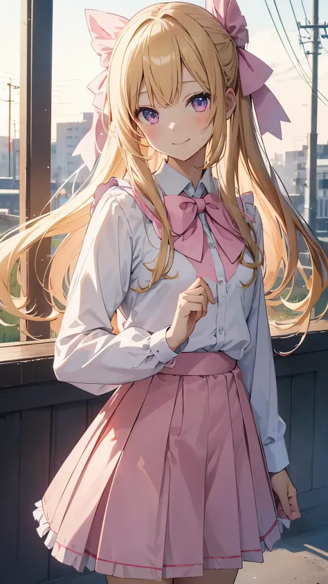 Anime girl masterpiece wearing a short skirt and a white shirt with a pink bow ,  top quality,  high definition , teacher,  long hair,  blonde alone, There are stains on the double-sided baked ,  hair ribbon,  Pink Ribbon , , frills, Seraph, Sailor collar,...