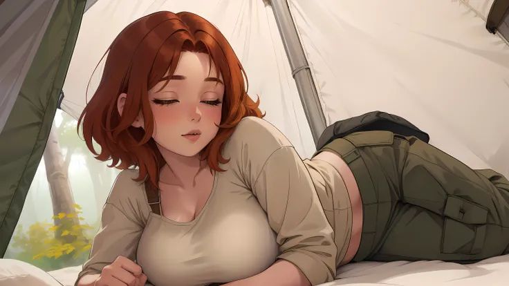 A Young girl short auburn hair with big breasts Inside a cozy camping tent illuminated by warm, soft lighting, a serene and relaxed woman lies comfortably on a thick mattress. She wears casual camping attire: a beige fitted top and brown cargo pants. chill...