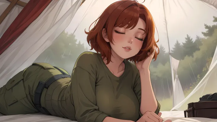 A Young girl short auburn hair with big breasts Inside a cozy camping tent illuminated by warm, soft lighting, a serene and relaxed woman lies comfortably on a thick mattress. She wears casual camping attire: a beige fitted top and brown cargo pants. chill...
