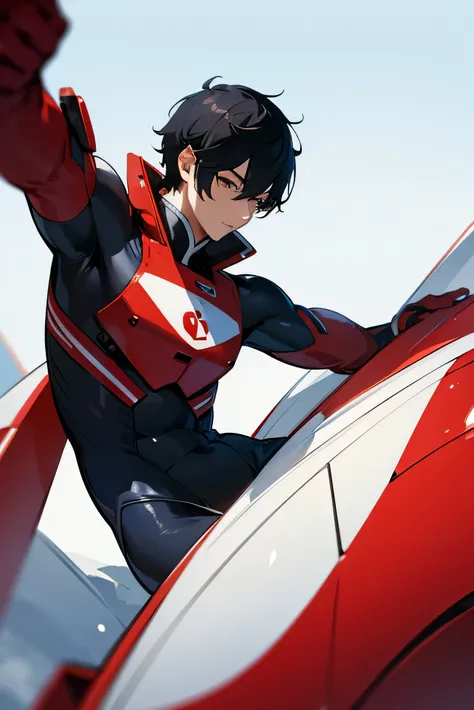  Japanese　　 handsome　Short cut　 black hair　　 adult male　Slim figure　　very tight bright red and white rubber suit　Mega Bulge　Antarctica with blue sky in the background　In the snow