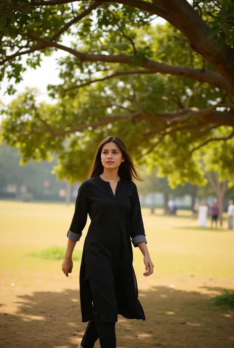 
"A serene moment captured under the shade of a sprawling tree in an open field. A young woman,idol face, fair skin, a medium breasts,black and brown hair,dressed in a black kurti set, walking while gazing slightly at sky, her hair flowing gently as she ga...