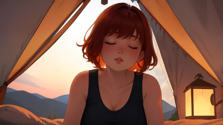 "Inside a cozy camping tent illuminated by warm, soft lighting, a serene and relaxed A Young girl short auburn hair with big breasts wearing a lush red tank top lies comfortably on a thick mattress. She is wearing a clean, white fitted top and black leggin...