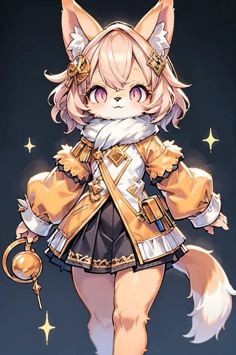 Solo, ultra detailed, by syuro, furry girl, shirt+++, skirt+++, ( golden fur, golden body, crystal pink eyes)++, cream colored hair++, short hair+++, fluffy hair+++, straight and fluffy curls+++, big fluffy dog ears, huge fluffy dog tail, tiny chest, petit...