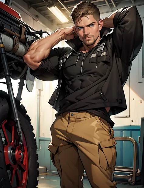 masterpiece, best quality face, natural eyes,mature man, muscled and handsome, stephen amell as a mechanic  man, sweating, full body