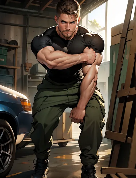 masterpiece, best quality face, natural eyes,mature man, muscled and handsome, stephen amell as a mechanic  man, sweating, full body