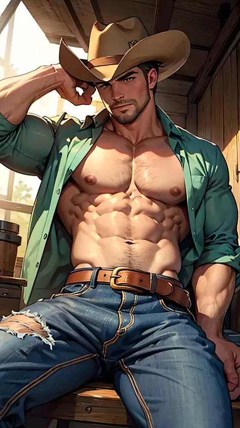 Nsfw , naked solo man ,8k, high quality , detailed face , detailed fingers ,detailed muscles, detailed cock , stephen amell wearing a cowboy outfit  , unbuttoned vintage pants, shirtless, showing balls and a hard cock, , wearing a vintage cowboy fancy hat ...