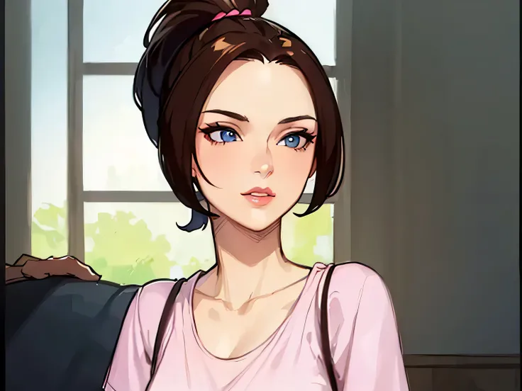 (masterpiece, best quality:1.2) 1girl, woman in her early 20s, pink shirt, face close-up, brown hair, ponytail, indoors, blue eyes, lipstick, looking at viewer, sil drawing

