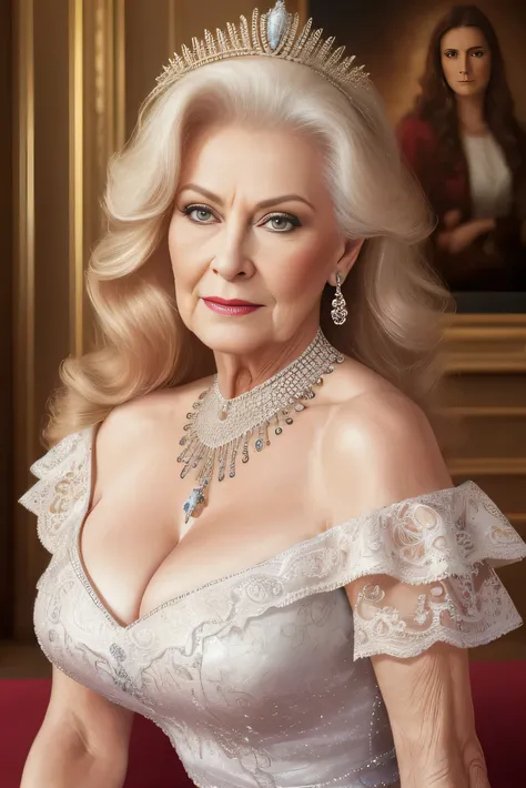 ( top quality,4K,8k, high definition , artwork:1.2), very detailed,( realistic ,photo realistic ,photo- realistic :1.37), Full body portrait, Hall for Mature Women Over 60々Barrel Madame, queen ,Dominant expression, ( Nancy Patricia D .............&#39;Alex...