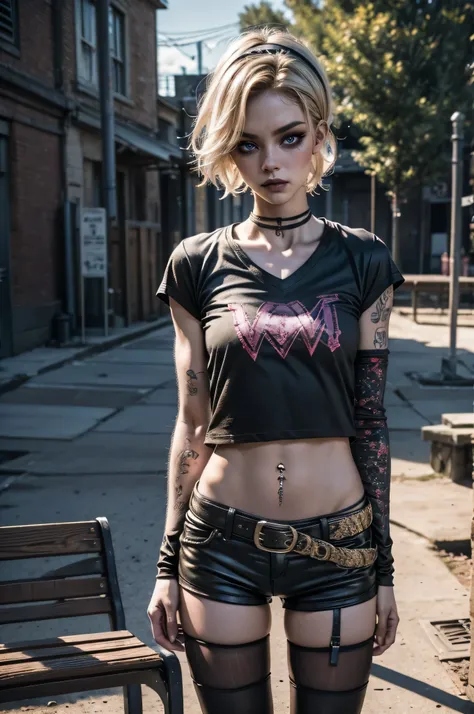 lora_Emma,1 girl, short blond hair, very skinny, tall, punk, small breast, standing up, ((leaning back against bench with arms crossed)), (leather micro hotpants), belt, (((very oversized V-neck cotton t-shirt))), ((cotton knee-high socks)), plastic headba...