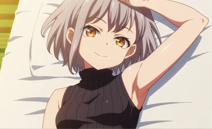 score_9, score_8_up, score_7_up, source_anime, anime screencap, 1girl, solo, takamatsu tomori, short hair, grey hair, amber eyes, hair behind ears, black sweater, sleeveless sweater, ribbed sweater, turtleneck, arm up, raised arm, armpit, looking at viewer...