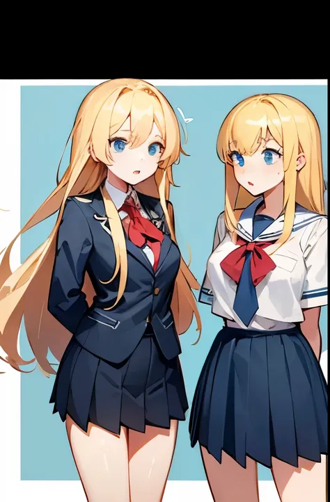 2 blonde girls  ,  Long hair,  in a high school uniform ,being separated with a surprised expression
