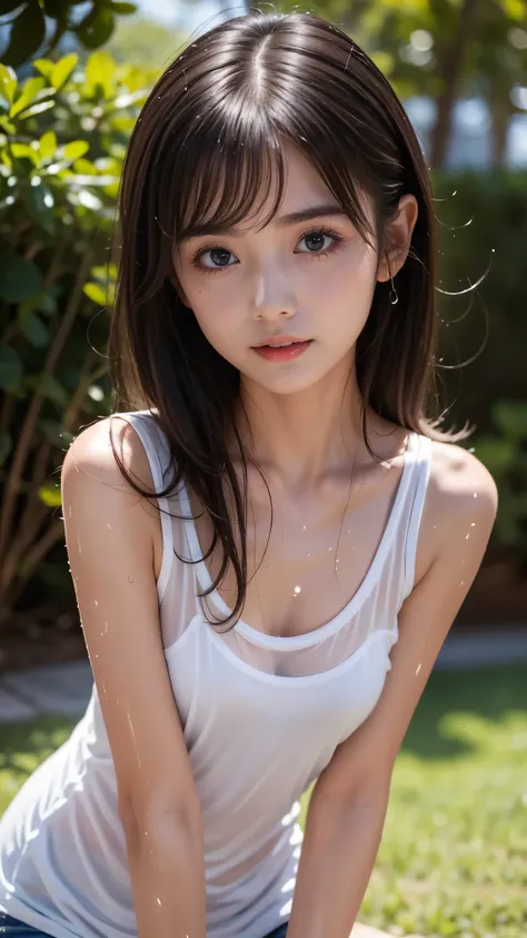 ( top quality, 8k,  RAW photos ,  Masterpiece   :1.3),  1 Beautiful Girl, teenage:1.3, Baby Face:1.3, Young Face,  sexy :1.1,  beautiful dark brown hair: 1.1, (Rain-soaked hair, Wet clothes and body), Detailed wet skin ,  white tank top ,  super detailed f...