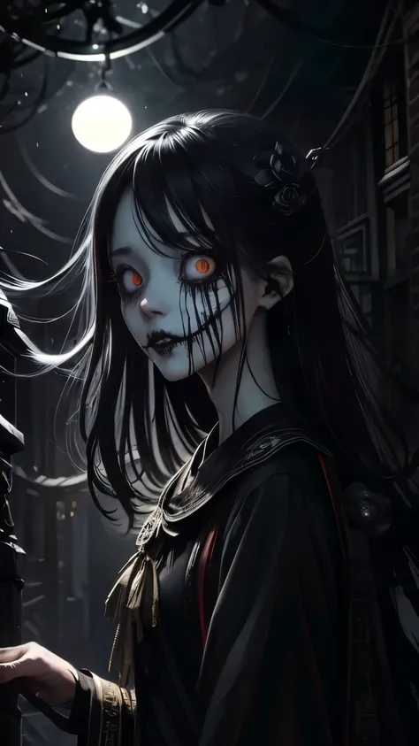 1 girl , demon face, scary costume , Chinese Ghost Festival,nakahara universe,Ghostly Breath,Chiaroscuro in the city at night,Detailed texture of spooky tree branches,A transparent ghost floats in the smoke,Lanterns hanging from a tree,There are flowers bl...
