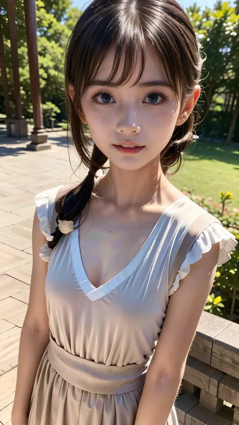 ( top quality, 8k,  RAW photos ,  Masterpiece :1.3),  1 Beautiful Girl, Age 12:1.3, Baby Face:1.3, Young Face, Beautiful small face, High nose,  sexy lips, Clear white skin, (( Stylish Twin Tails)), ( tight waist:1.2), (Small beautiful breasts), ( Detailed...
