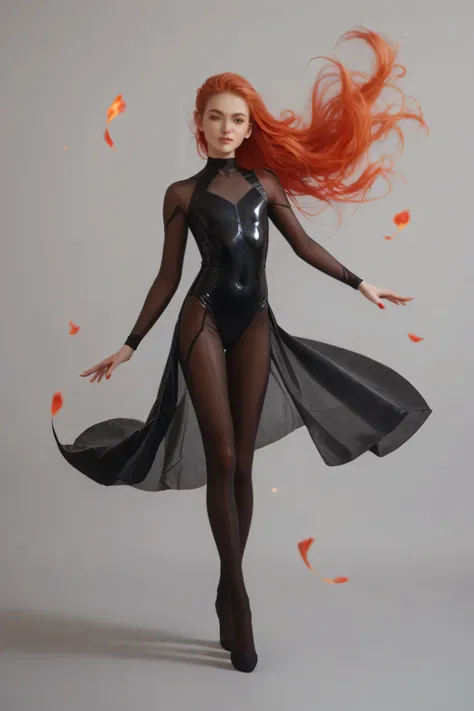 Slim flat chested fenail sporty gymnastic woman in a transparent Black bodysuit looks like in flame doing a dance. Red long hairs flowing in the wind. Perfect lags ind Ballet shoose. Front view. Full body