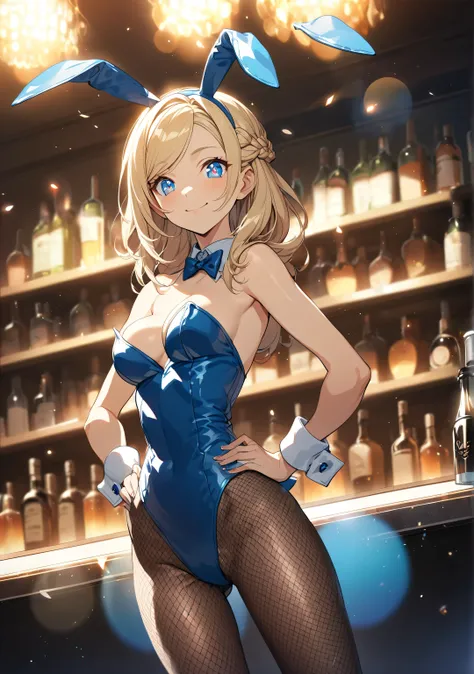 1 girl, Game CG, dynamic angle, Hands-on Hips in fond smile, bar counter, 
(blond Hair, french braid, Right-side parting bangs, blue eyes, Light eyes , Clear and Expressive eyes,)
(playboy, Bunny Girl, Leather Material, High leg,  Blue Bunny Girl, Sleevele...