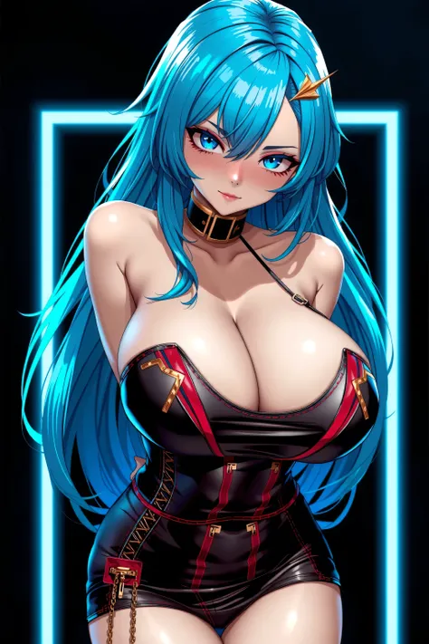 Ryuko Matoi from Kill La Kill, perfect breasts, cleavage, blue-black hair, red highlights, blue eyes, tight tube top, panties, arms behind back, shiny skin, black background, looking at viewer, 