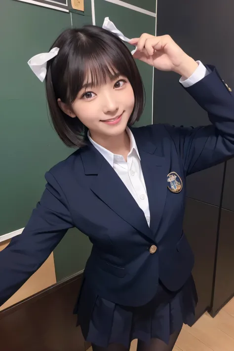 Navy Blue Blazer、((プリーツが少ないネイビーブルーの long tight skirtで膝下が隠れる))、White blouse、((navy blue plain large bow tie))、((( black pantyhose)))、(( Black Loafers ))、(( standing up to her feet))、Cute high school girls、Height: 160cm、 smile like an idol 、 smiling and smil...