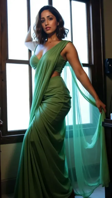 photo of hourglass figure Mature Indian Bengali Aunty with dusky skin, wearing Transparent chiffon yellow saree and green strapless sleevless Blouse, showing her large U cut Cleavage, Red Sindoor on her forehead, Both hands streched up above head showing d...
