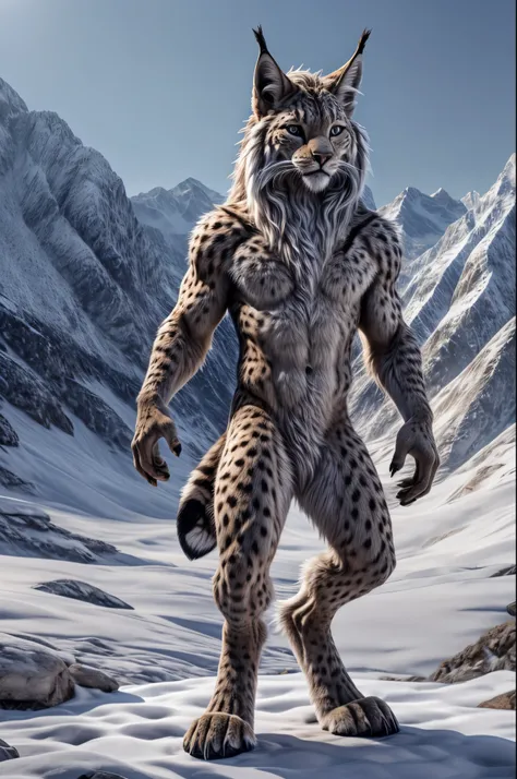 Full body, Lynx, standing, with mane, furry, naked, claws on fingers and toes, detailed fingers, clear detailed eyes, detailed face, very detailed fur, in the mountains, front view, Highest quality, photorealistic, very detailed, very detailed background