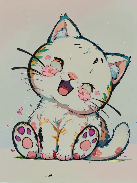 drawing of a cat with pink eyes and paws sitting on a white surface, kawaii cat, a cute cat, cute drawing, cute cat, cat design, happy cat, anime visual of a cute cat, cartoonish cute, anime cat, simple drawing, a cat is smiling, illustration of a cat, an ...