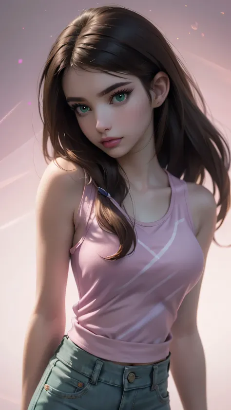 (ultra realistic,32k, RAW photo:1.1),(piel altamente detallada:1.1), 8k UHD,  digital SLR camera ,  anatomy, Film grain, (make-up), Lips,(thickLips), 
1 girl, brown hair, long hair, collect ( green eyes:0.9),  pink sleeveless t-shirt ,  denim shorts ,  big...