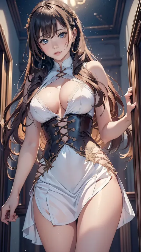 (1girl:1.3), cinematic light, solo, breasts, Lace-Up Bodice Dress, open breast,  silky long hair, (brown) hair, (masterpiece, top quality, best quality, official art, beautiful and aesthetic:1.3), extreme detailed,highest detailed,(ultra-detailed),((an ext...